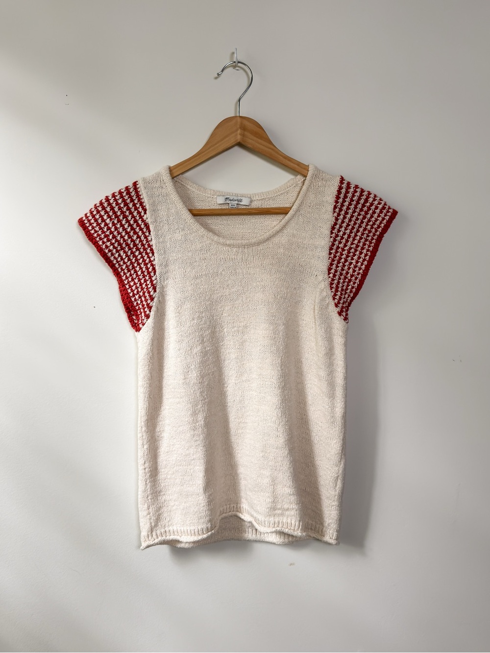 XXS Madewell Crochet Trim Sweater Tee Cream Red Short Sleeve Knit Top